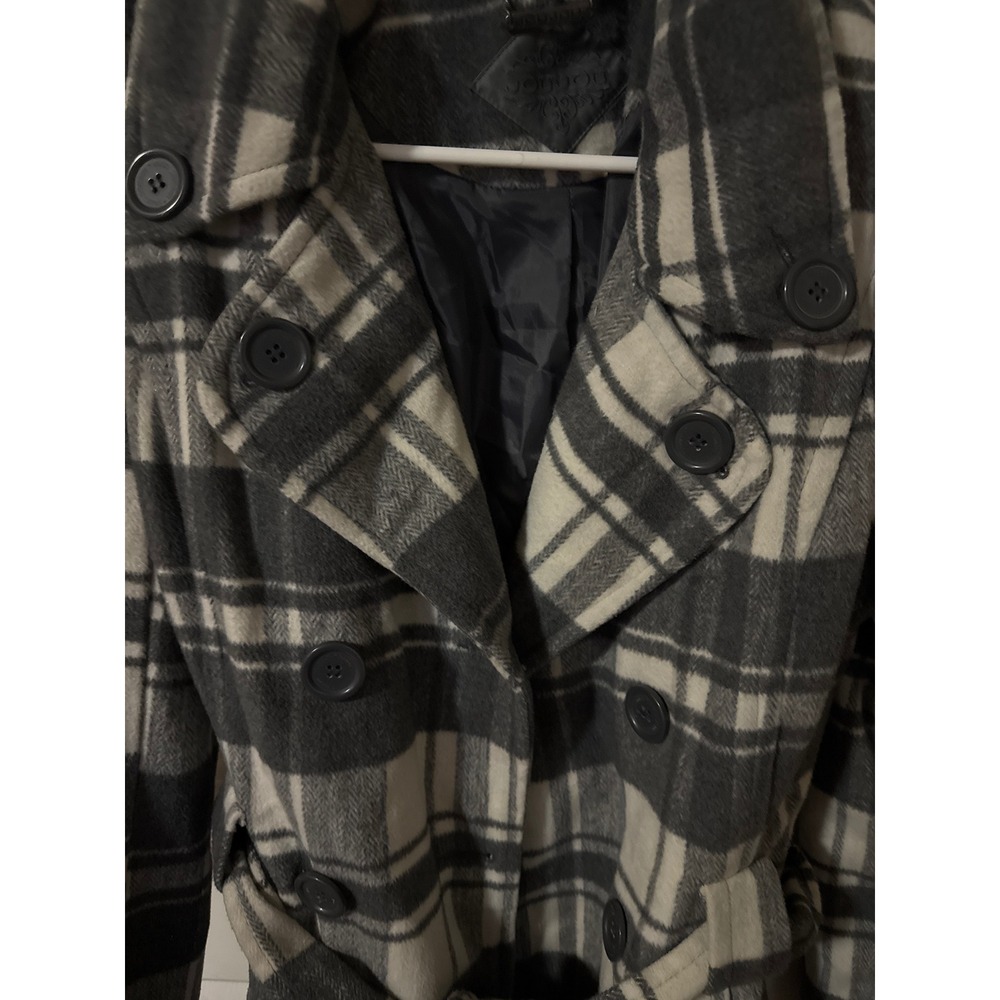 Joujou Womens Grey Plaid Double Breasted Belted Peacoat Jacket Size M Y2K - Picture 2 of 5